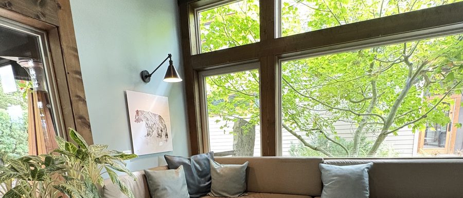 A plant-filled seating area beside large windows