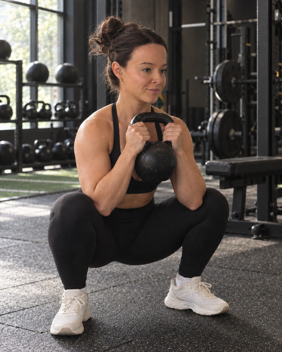 AI-generated image of Alana performing a goblet squat with a kettlebell